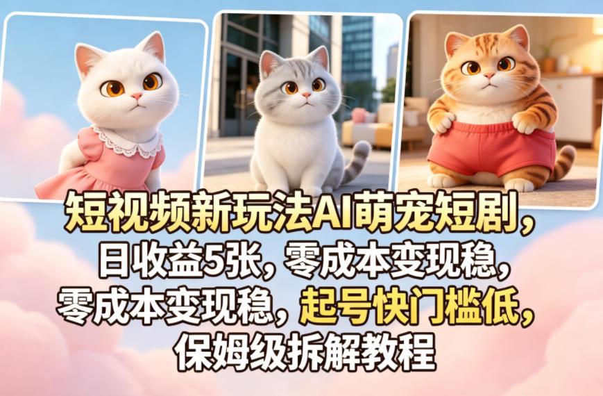 短视频新玩法AI萌宠短剧，日收益5张，零成本变现稳，起号快门槛低，保姆级拆解教程-副业网