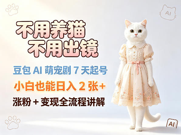 不用养猫不用出镜，豆包AI萌宠剧7天起号，小白也能日入2张+，涨粉+变现全流程讲解-副业网