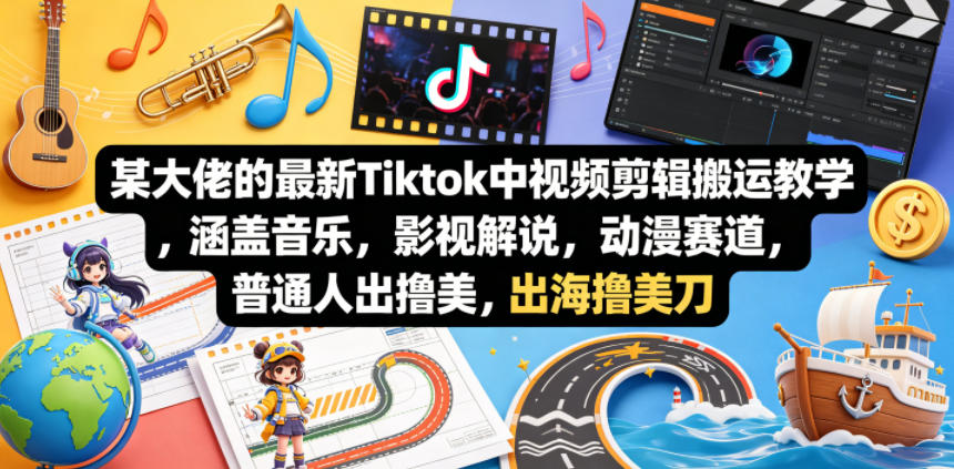 某大佬的最新Tiktok中视频剪辑搬运教学，涵盖音乐，影视解说，动漫赛道，普通人出海撸美刀-副业网