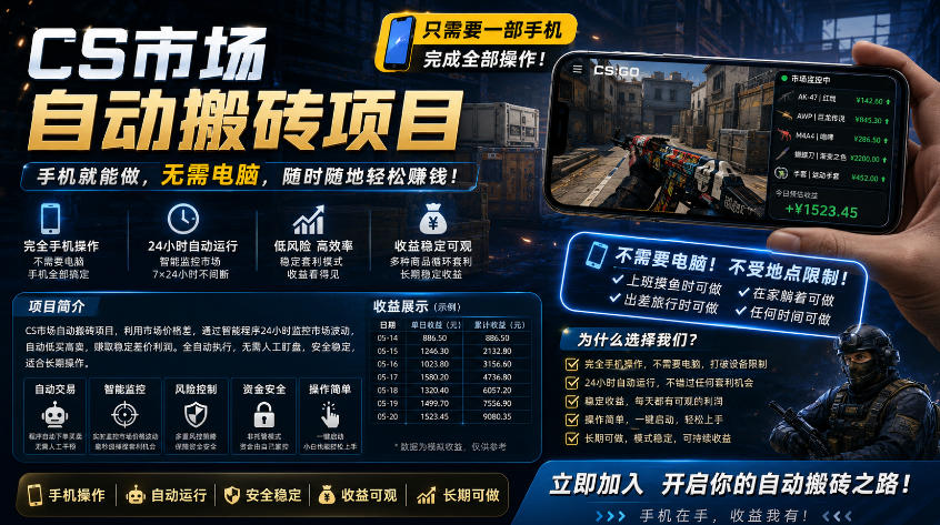 手机即可操作的CS市场自动搬砖系统｜自动监控｜自动下单|日入300+【揭秘】-副业网