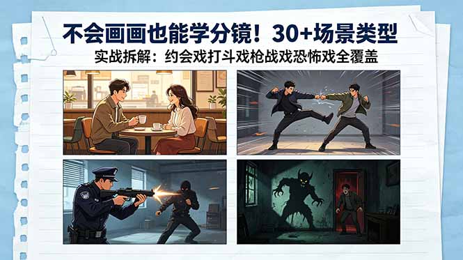 不会画画也能学分镜！30+场景类型实战拆解：约会戏打斗戏枪战戏恐怖戏全覆盖-副业网