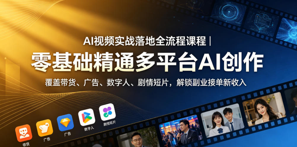 AI视频实战落地全流程课程｜零基础精通多平台AI创作，覆盖带货、广告、数字人、剧情短片，解锁副业接单新收入-副业网