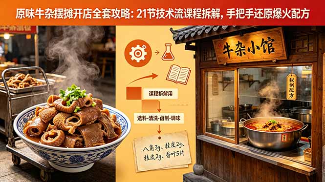 原味牛杂摆摊开店全套攻略：21节技术流课程拆解，手把手还原爆火配方-副业网