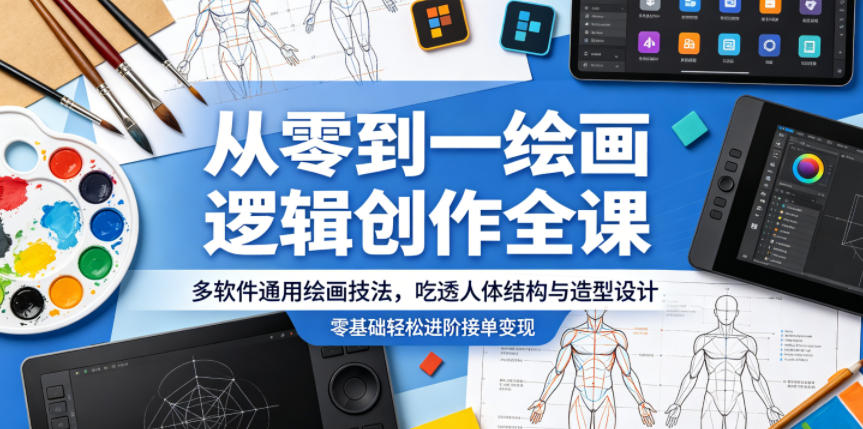 从零到一绘画逻辑创作全课，多软件通用绘画技法，吃透人体结构与造型设计，零基础轻松进阶接单变现-副业网