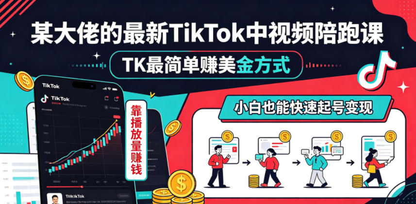 某大佬的最新TikTok中视频陪跑课，TK最简单賺美金方式，靠播放量賺钱，小白也能快速起号变现-副业网