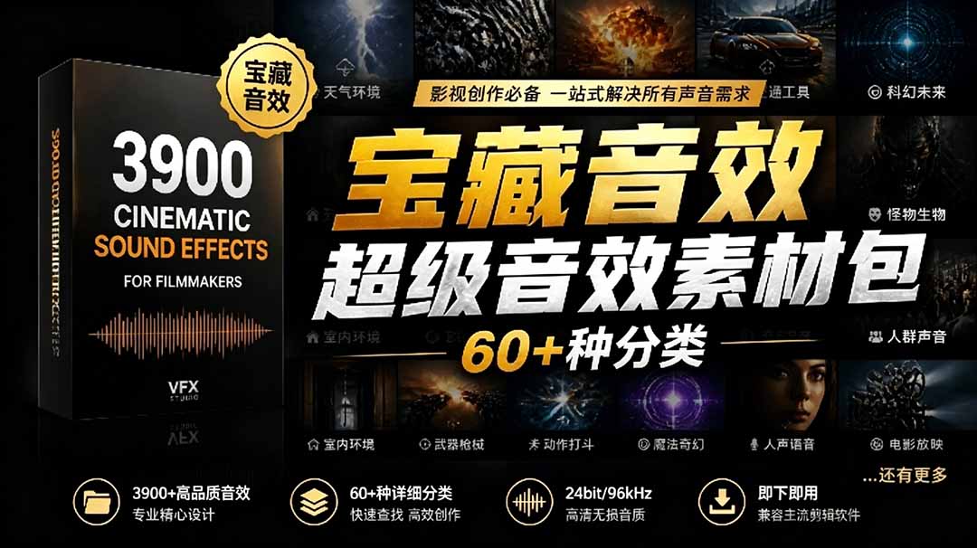 宝藏音效合集包！60+多种音效分类，共计3900个，分类清晰，全中文分类，高品质剪辑音效素材包-副业网