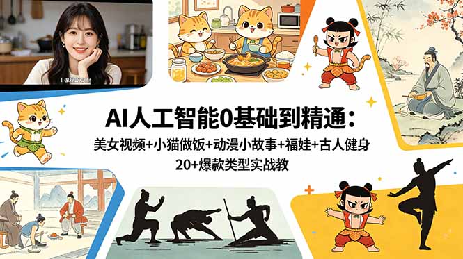 AI人工智能0基础到精通:美女视频+小猫做饭+动漫小故事+福娃+古人健身,20+爆款类型实战教学-副业网