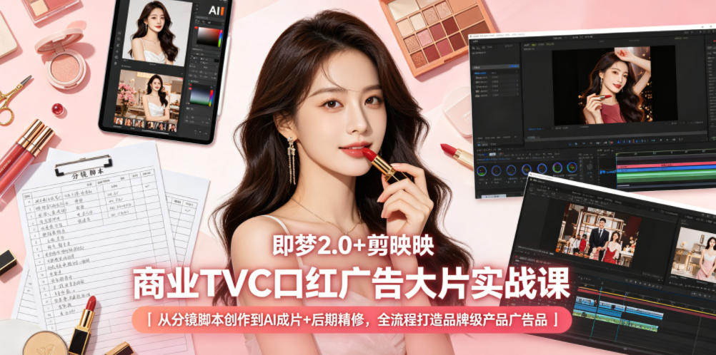 即梦2.0+剪映商业TVC口红广告大片实战课|从分镜脚本创作到AI成片+后期精修,全流程打造品牌级产品广告-副业网
