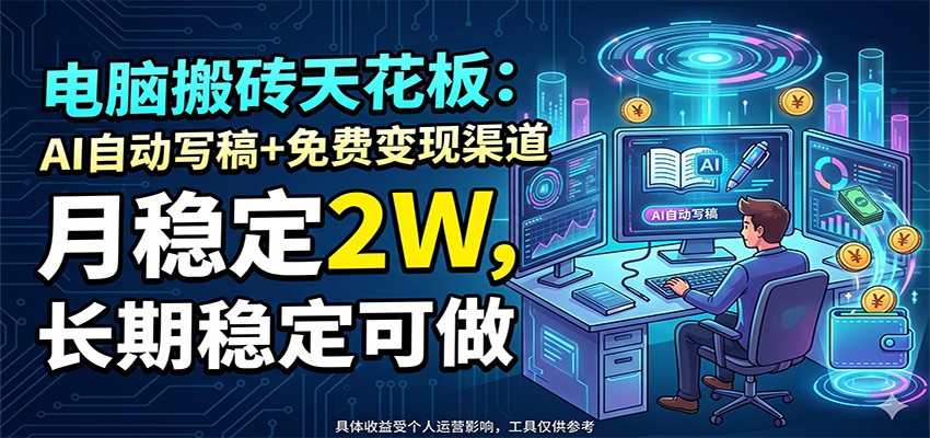 电脑搬砖天花板:AI自动写稿+免费变现渠道,月稳定2W,长期稳定可做-副业网