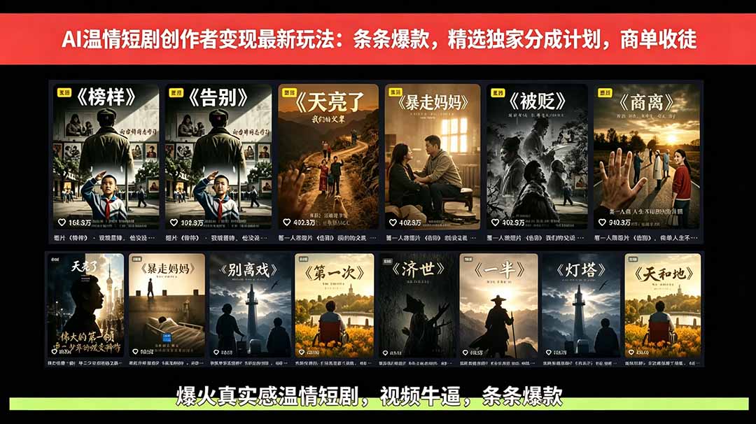 AI温情短剧创作者变现最新玩法：视频牛逼，条条爆款，精选独家分成计划，商单收徒-副业网