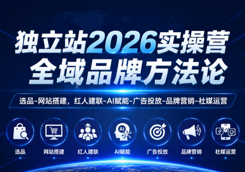 独立站2026实操营，全域品牌方法论，选品-网站搭建，红人建联-AI赋能-广告投放-品牌营销-社煤运营-副业网