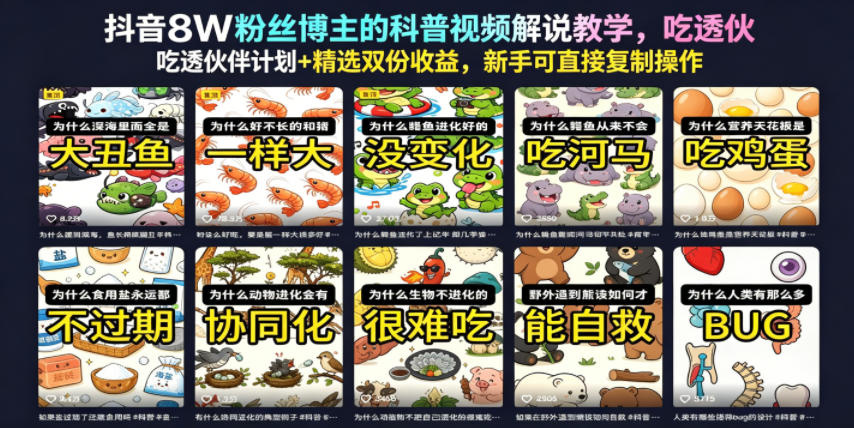 抖音8W粉丝博主的科普视频解说教学，吃透伙伴计划+精选双份收益，新手可直接复制操作-副业网