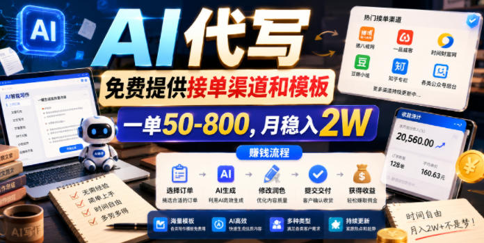 AI代写，免费提供接单渠道和模板，一单50-800，月稳入2W【揭秘】-副业网