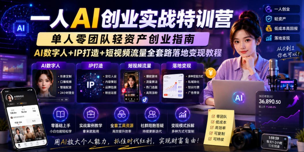 一人AI创业实战特训营，单人零团队轻资产创业指南，AI数字人+IP打造+短视频流量全套路落地变现教程-副业网