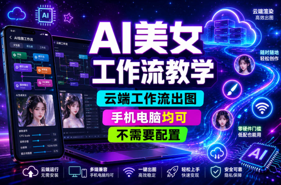 AI美女工作流教学，云端工作流出图，手机电脑均可，不需要配置，快速起号涨粉-副业网