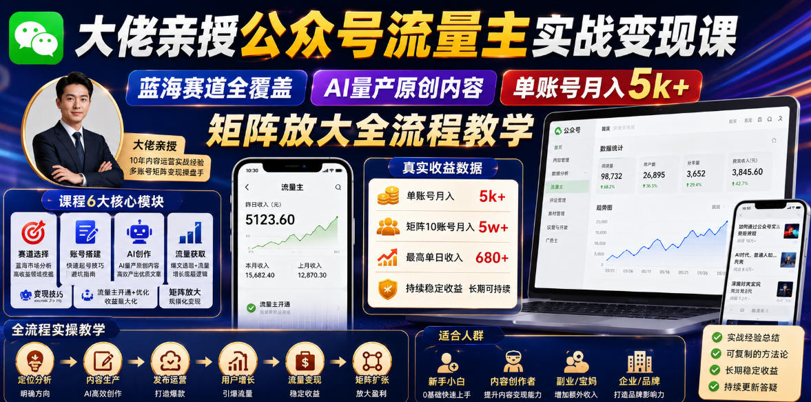 大佬亲授公众号流量主实战变现课，蓝海赛道全覆盖，AI量产原创内容，单账号月入5k+矩阵放大全流程教学-副业网