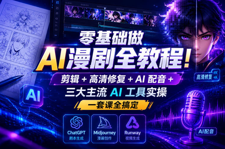 零基础做AI漫剧全教程！剪辑+高清修复+AI配音+三大主流AI工具实操，一套课全搞定-副业网