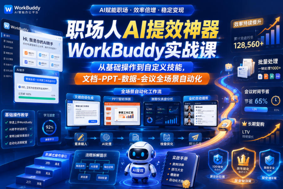 职场人AI提效神器WorkBuddy实战课，从基础操作到自定义技能，文档-PPT-数据-会议全场景自动化-副业网
