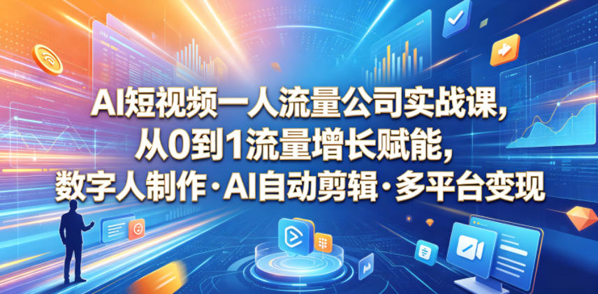 AI短视频一人流量公司实战课，从0到1流量增长赋能，数字人制作・AI自动剪辑・多平台变现，一人做流量生意全落地教程-副业网