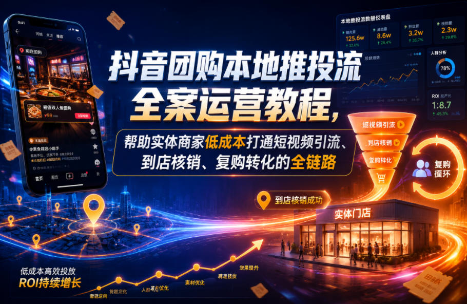 抖音团购本地推投流全案运营教程，帮助实体商家低成本打通短视频引流、到店核销、复购转化的全链路-副业网