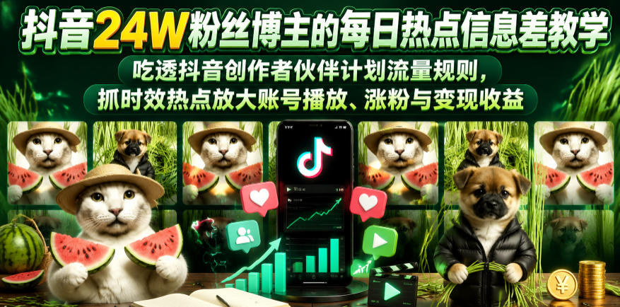 抖音24W粉丝博主的每日热点信息差教学，吃透创作者伙伴计划流量规则，抓时效热点放大账号播放、涨粉与变现收益(更新)-副业网