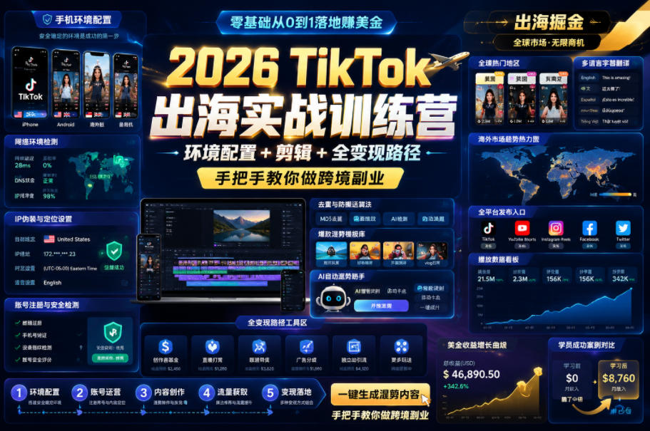 2026 TikTok出海实战训练营，环境配置 + 剪辑 + 全变现路径，手把手教你做跨境副业-副业网