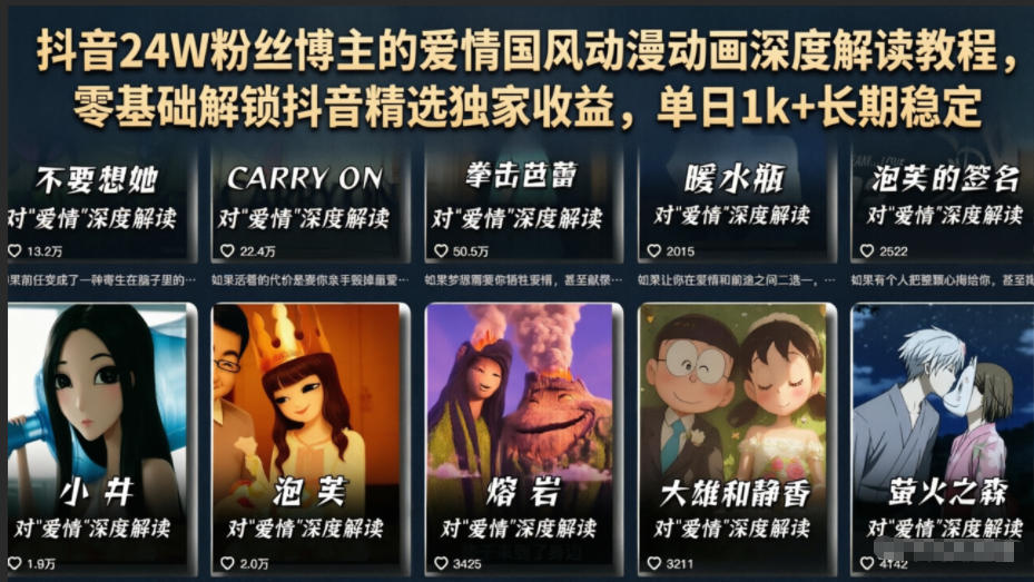 抖音24W粉丝博主的爱情国风动漫动画深度解读教程，零基础解锁抖音精选独家收益，单日1k+长期稳定-副业网