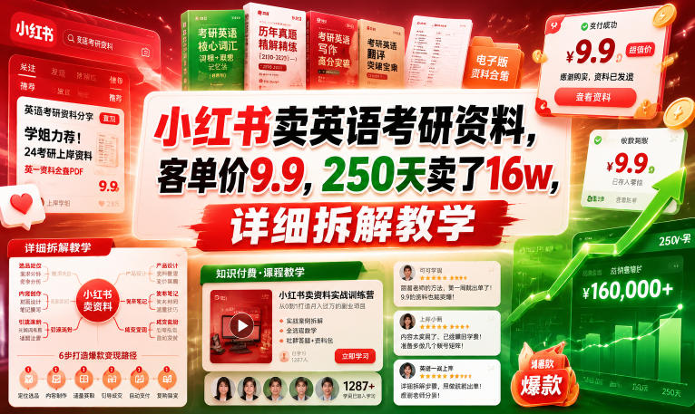 小红书卖英语考研资料，客单价9.9，250天卖了16w，详细拆解教学-副业网