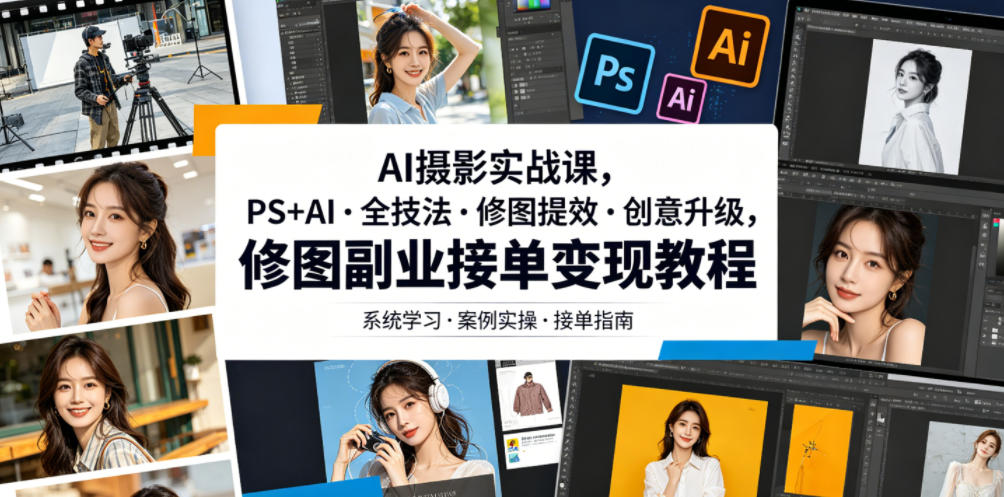 AI摄影实战课，PS+AI・全技法・修图提效・创意升级，修图副业接单变现教程-副业网