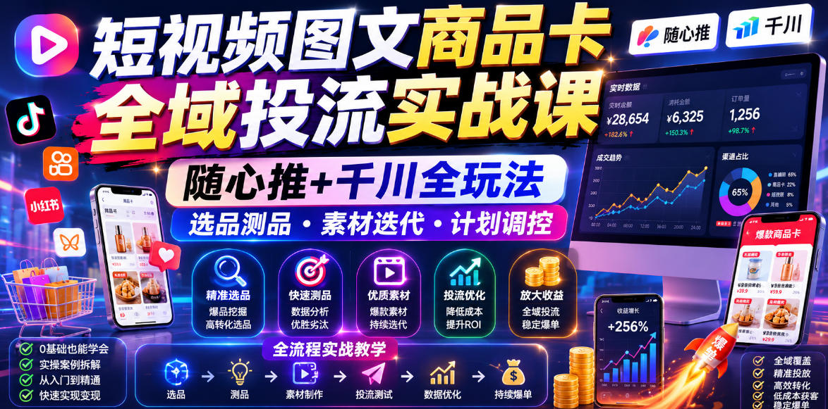 短视频图文商品卡全域投流实战课，随心推+千川全玩法，选品测品・素材迭代・计划调控，提升ROI爆单增收教程-副业网