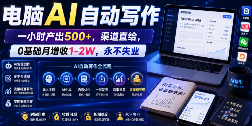 电脑AI自动写作，一小时产出500+，渠道直给，0基础月增收1-2W，永不失业【揭秘】-副业网