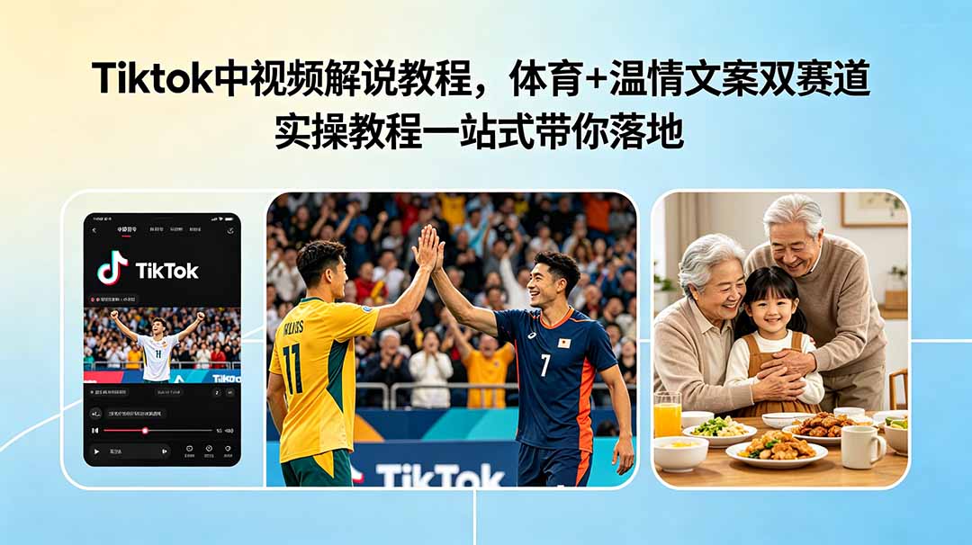 Tiktok中视频解说教程,体育+温情文案双赛道实操教程一站式带你落地-副业网