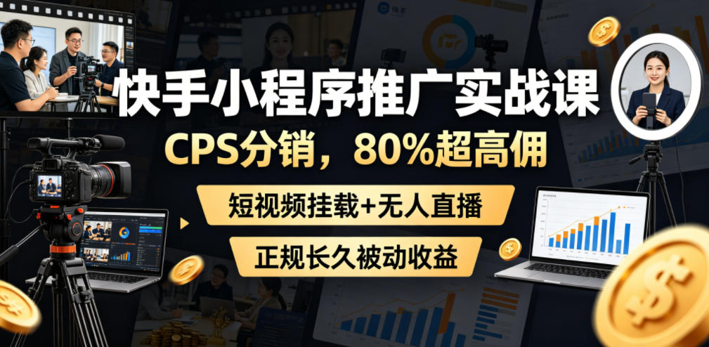 快手小程序推广实战课，CPS分销，80%超高佣，短视频挂载+无人直播，正规长久被动收益-副业网