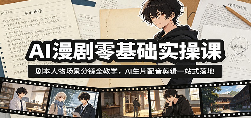 AI漫剧零基础实操课：剧本人物场景分镜全教学，AI生片配音剪辑一站式落地-副业网