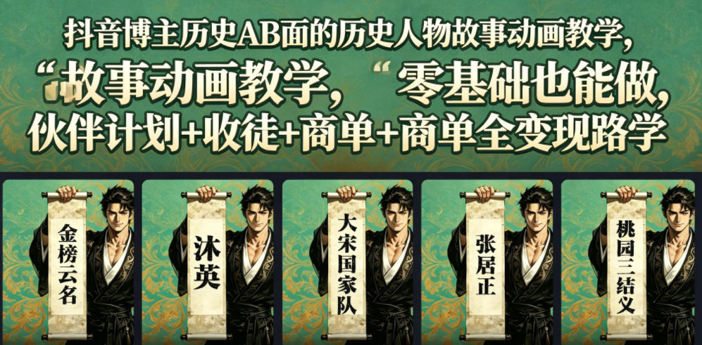 抖音博主历史AB面的历史人物故事动画教学，零基础也能做，伙伴计划+收徒+商单全变现路径教学-副业网