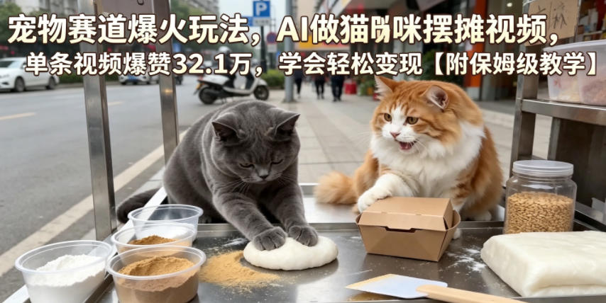 宠物赛道爆火玩法，AI做猫咪摆摊视频，单条视频爆赞32.1万，学会轻松变现【附保姆级教学】-副业网