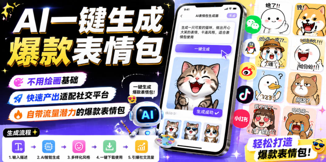 AI一键生成爆款表情包，不用绘画基础，快速产出适配社交平台，自带流量潜力的爆款表情包-副业网