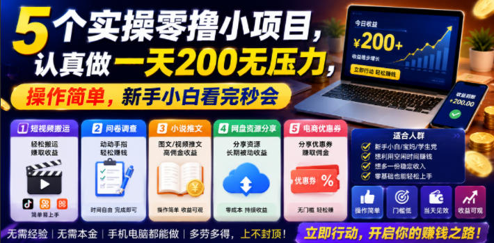 5个实操零撸小项目，认真做一天200无压力，操作简单，新手小白看完秒会【揭秘】-副业网