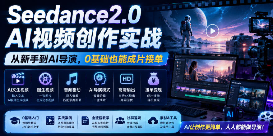 Seedance2.0 AI视频创作实战，从新手到AI导演，0基础也能成片接单变现-副业网
