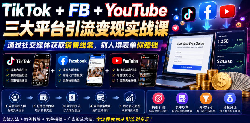 TikTok+FB+YouTube三大平台引流变现实战课，通过社交媒体获取销售线索，别人填表单你賺钱【原创双语字幕】-副业网