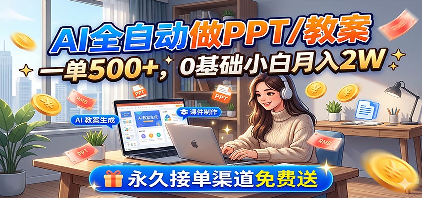 AI全自动做PPT/教案，一单500+，0基础小白月入2W，永久接单渠道免费送-副业网