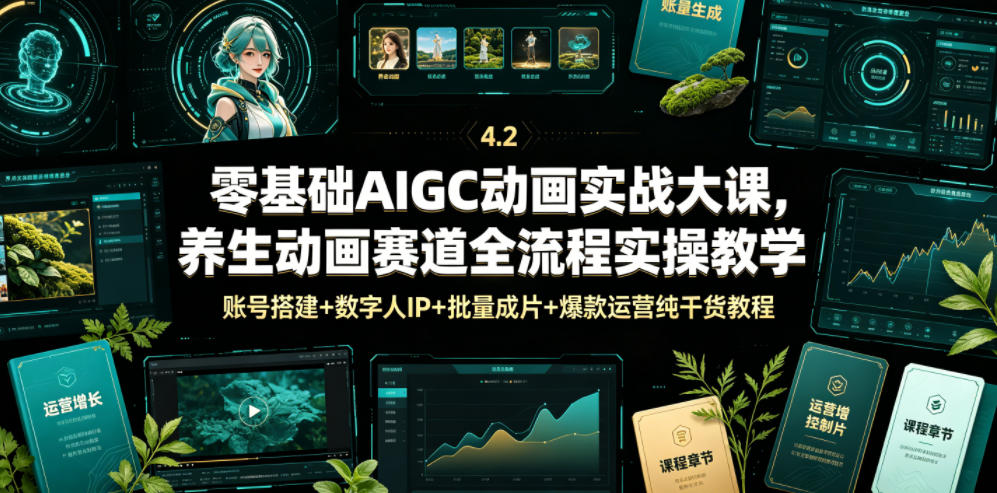 零基础AIGC动画实战大课，养生动画赛道全流程实操教学，账号搭建+数字人IP+批量成片+爆款运营纯干货教程-副业网