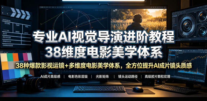 专业AI视觉导演进阶教程，38种爆款影视运镜+多维度电影美学体系，全方位提升AI成片高级感与镜头质感-副业网