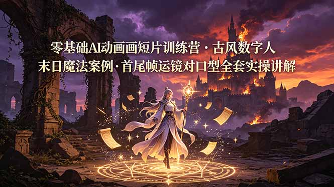 零基础AI动画短片训练营，古风数字人末日魔法案例，首尾帧运镜对口型全套实操讲解-副业网