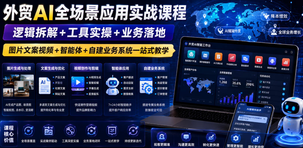 外贸AI全场景应用实战课程｜逻辑拆解+工具实操+业务落地，图片文案视频+智能体+自建业务系统一站式教学-副业网