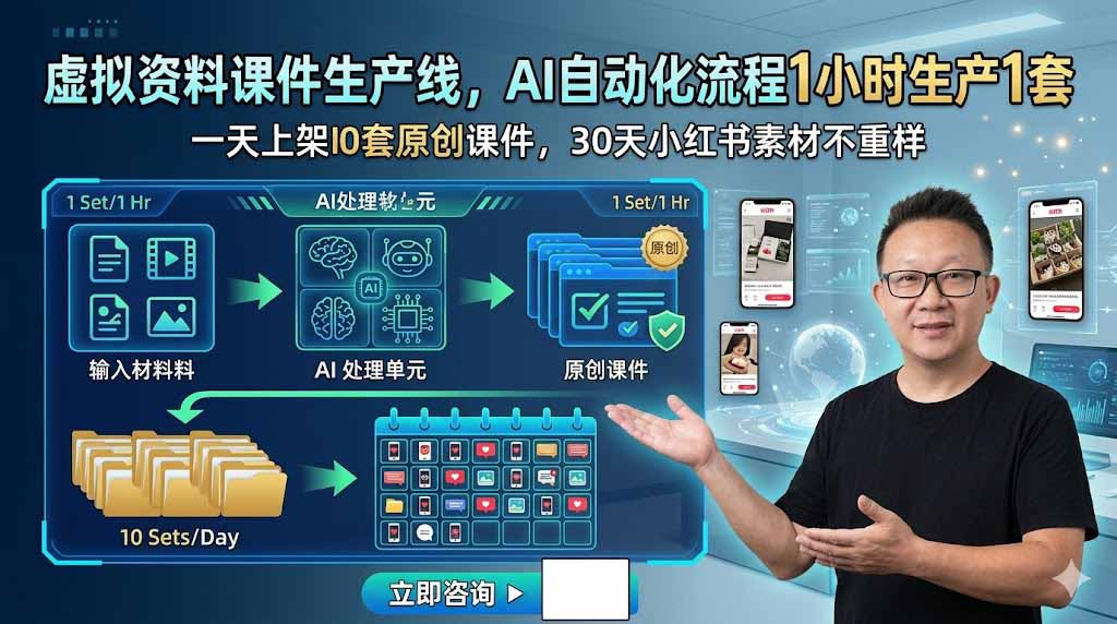 虚拟资料课件生产线，AI自动化流程1小时生产1套，一天上架10套原创课件，30天小红书素材不重样-副业网