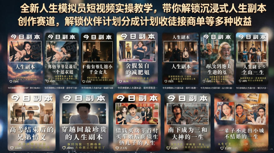 全新人生模拟员短视频实操教学，带你解锁沉浸式人生副本创作赛道，解锁伙伴计划分成计划收徒接商单等多种收益-副业网