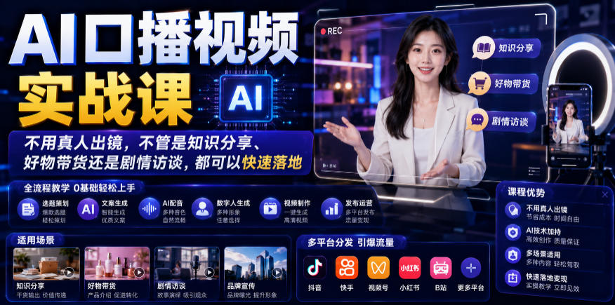 AI口播视频实战课，不用真人出镜，不管是知识分享、好物带货还是剧情访谈，都可以快速落地-副业网