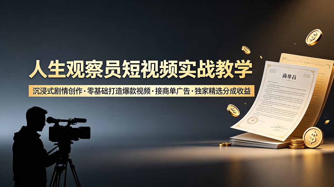 人生观察员短视频实战教学，沉浸式剧情创作，零基础打造爆款视频，接商单广告，独家精选分成收益-副业网