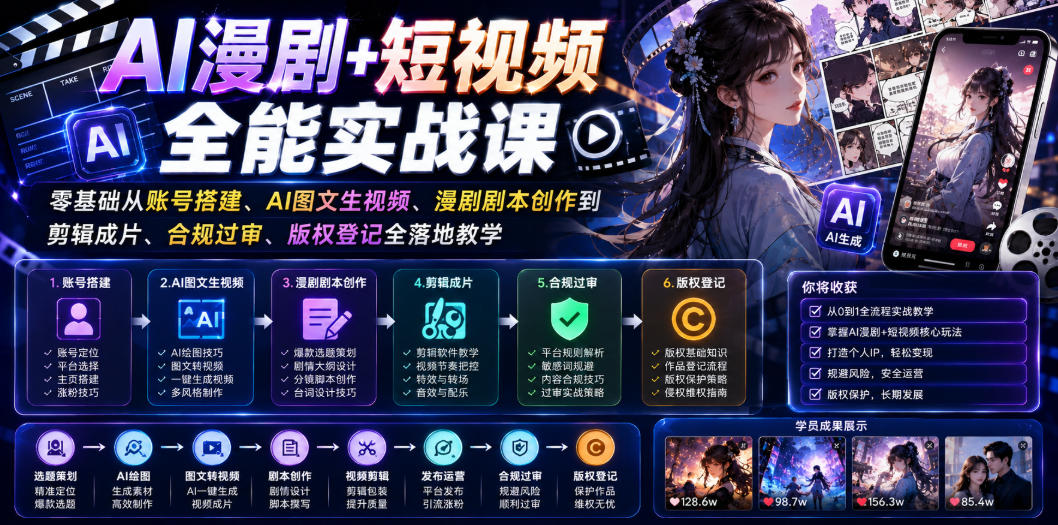 AI漫剧+短视频全能实战课｜零基础从账号搭建、AI图文生视频、漫剧剧本创作到剪辑成片、合规过审、版权登记全落地教学-副业网